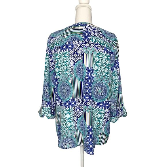 Kim Rogers Blouse Top Button Down Roll Tab Sleeves Blue Aqua Yellow White XL - Picture 4 of 6